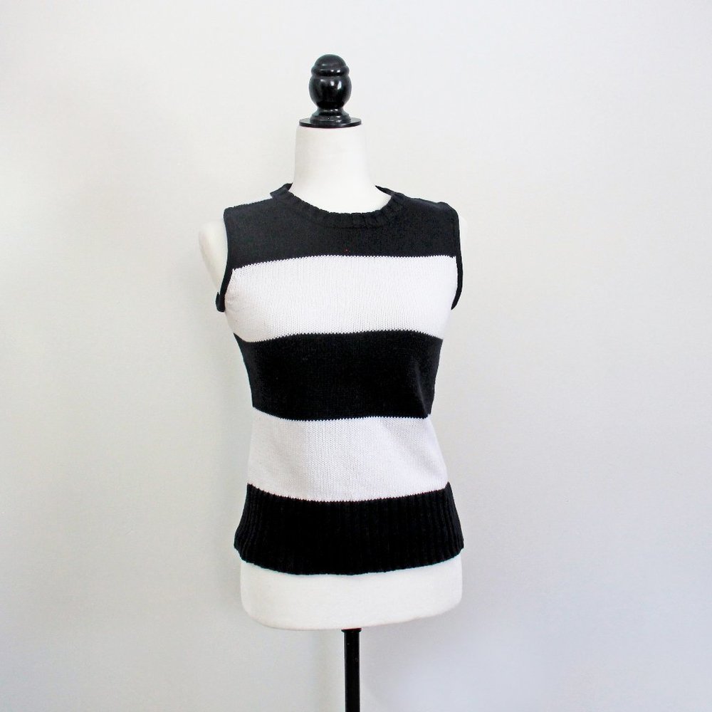 90s Black & White Stripe Sleeveless Sweater Vest, 100% Cotton, Made in Hong Kong